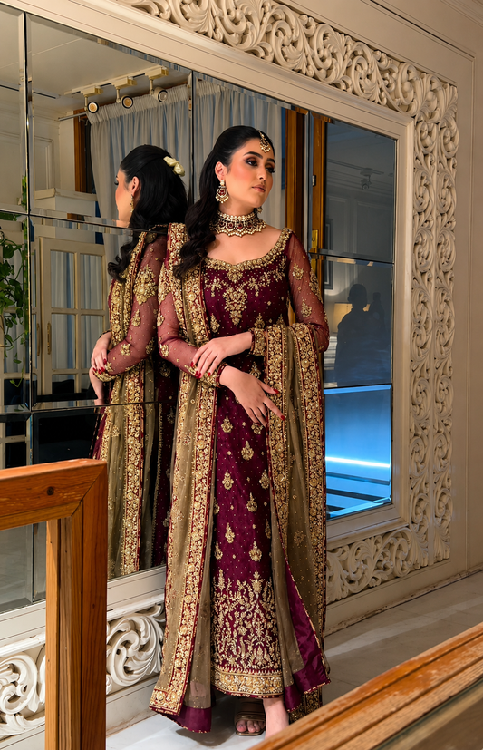 Haris Shakeel | Magenta Gold Embroidered Formal Dress